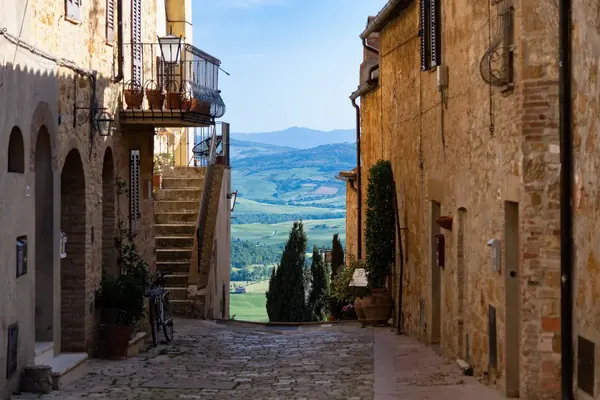 Pienza: the Val d'Orcia seen from a lane in the town