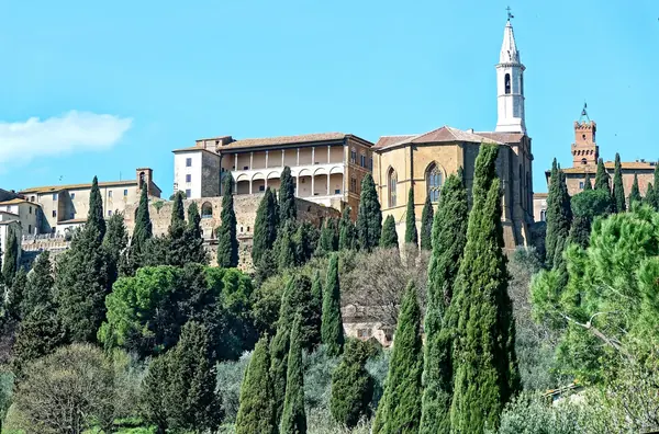 Pienza: the town's skyline with the loggia of Palazzo Piccolomini and the cathedral bell tower