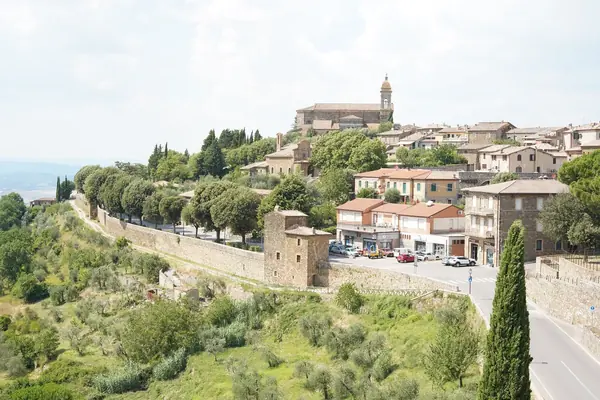 Montalcino vista da est, con le mura e gli olivi