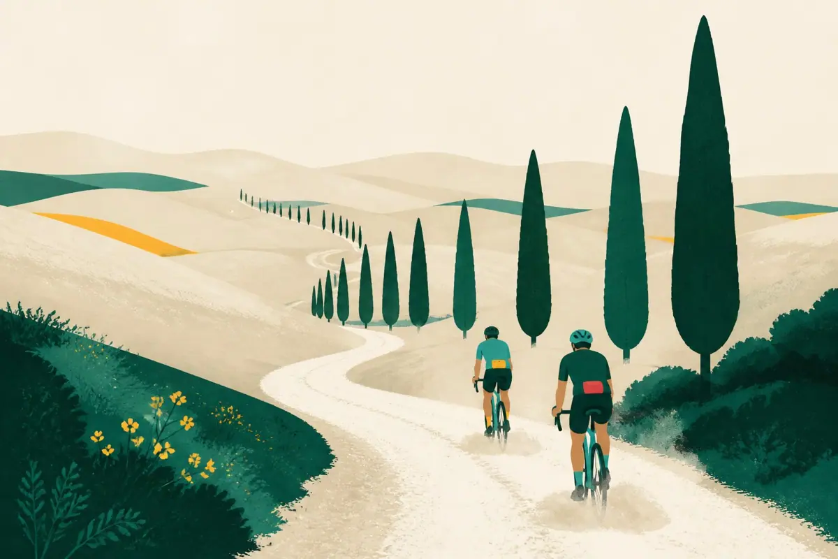 Illustrazione di due ciclisti su una strada bianca tra i cipressi