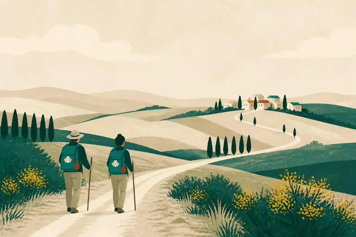Illustration of two walkers on a path between the hills