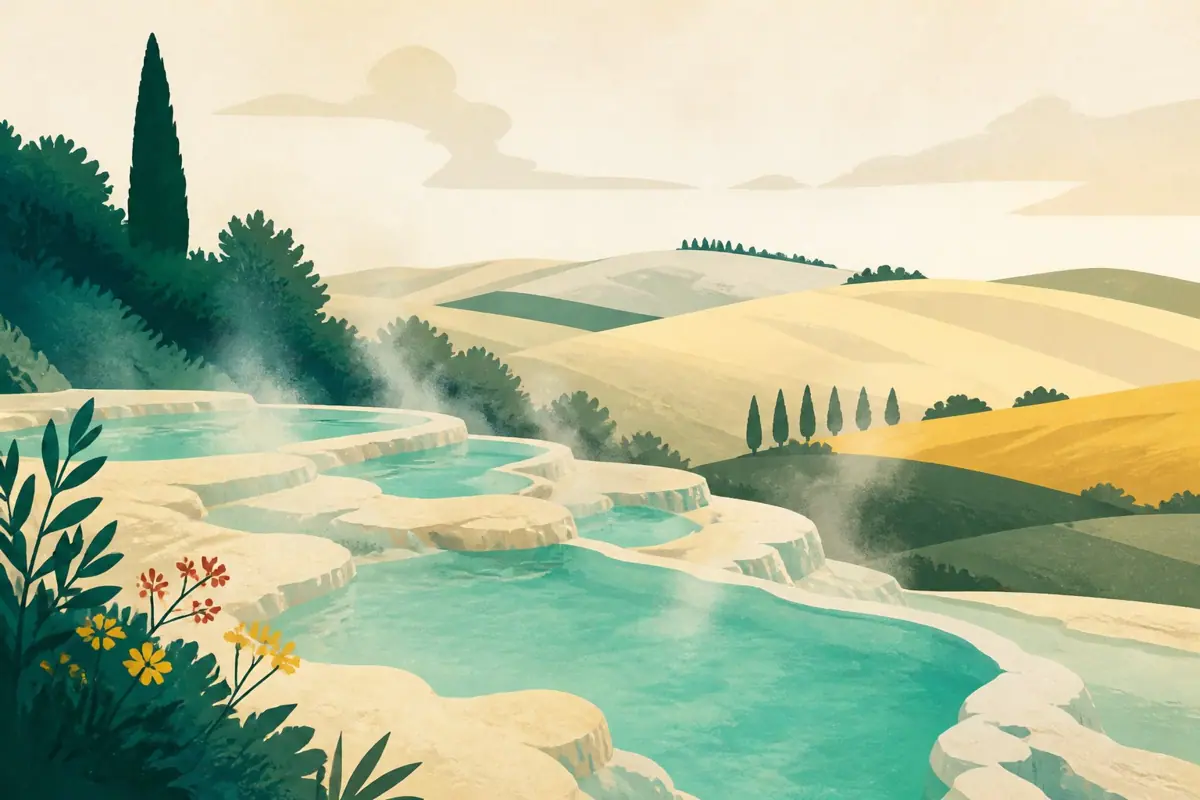 Illustrazione di vasche termali tra il travertino
