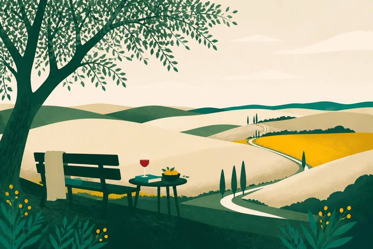 Illustrazione di una panchina sotto un olivo davanti alle colline